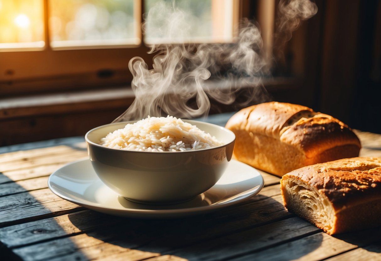 A steaming bowl of rice sits next to a loaf of bread on a rustic wooden table. Sunlight streams through a nearby window, casting warm shadows on the scene