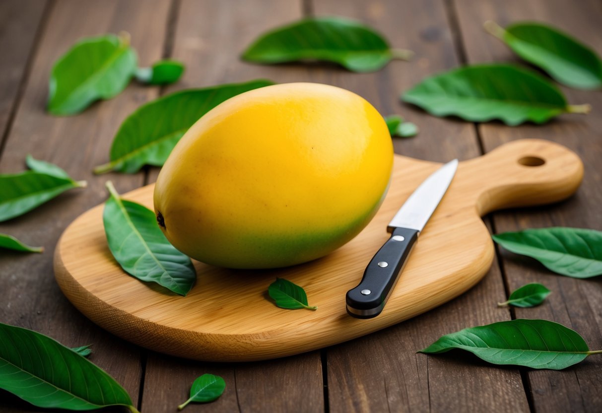 A ripe mango sits on a wooden cutting board, surrounded by scattered green leaves and a small knife. The vibrant yellow skin hints at the sweet, juicy flesh inside