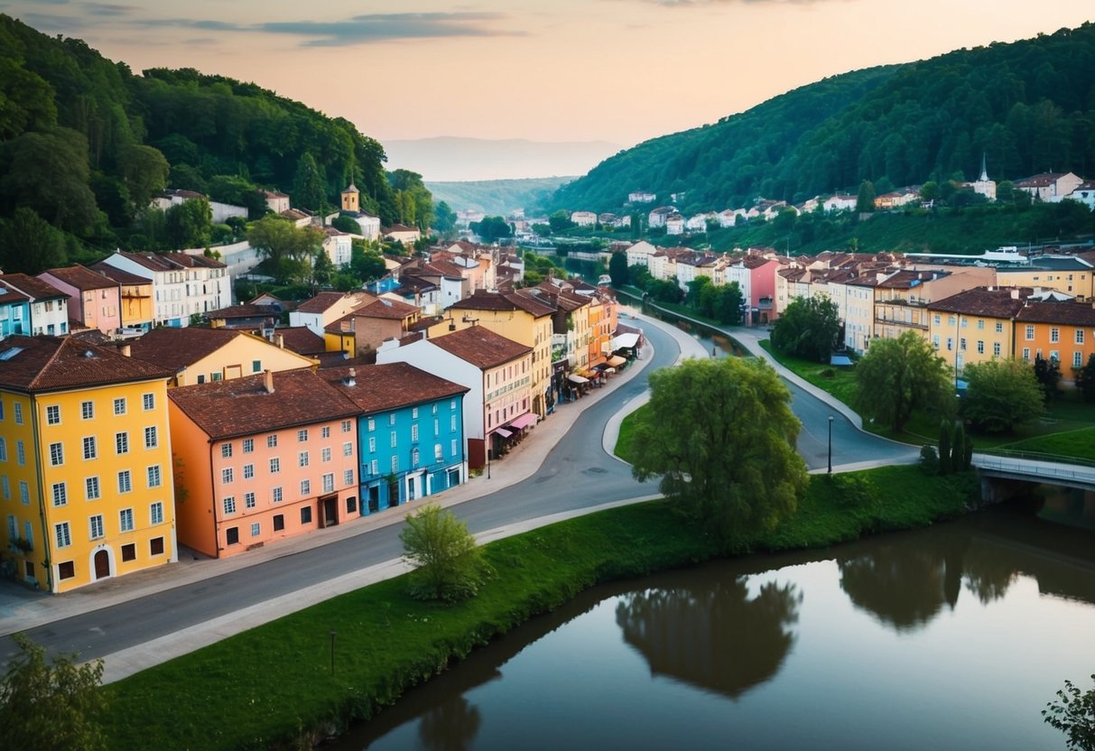 A small town with colorful buildings and winding streets, surrounded by lush greenery and a calm river flowing through the center