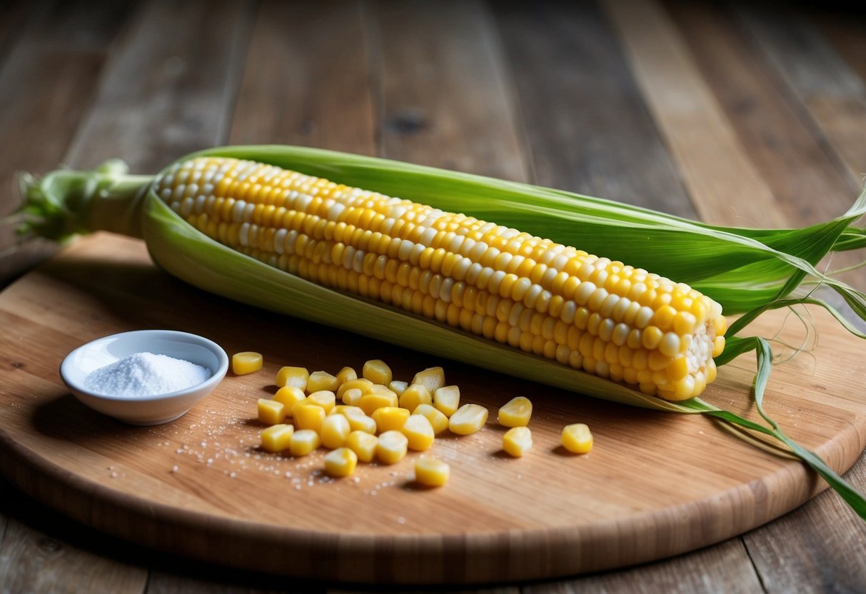 A corn cob lies on a wooden cutting board, surrounded by a few scattered kernels. A small dish of citric acid powder sits nearby