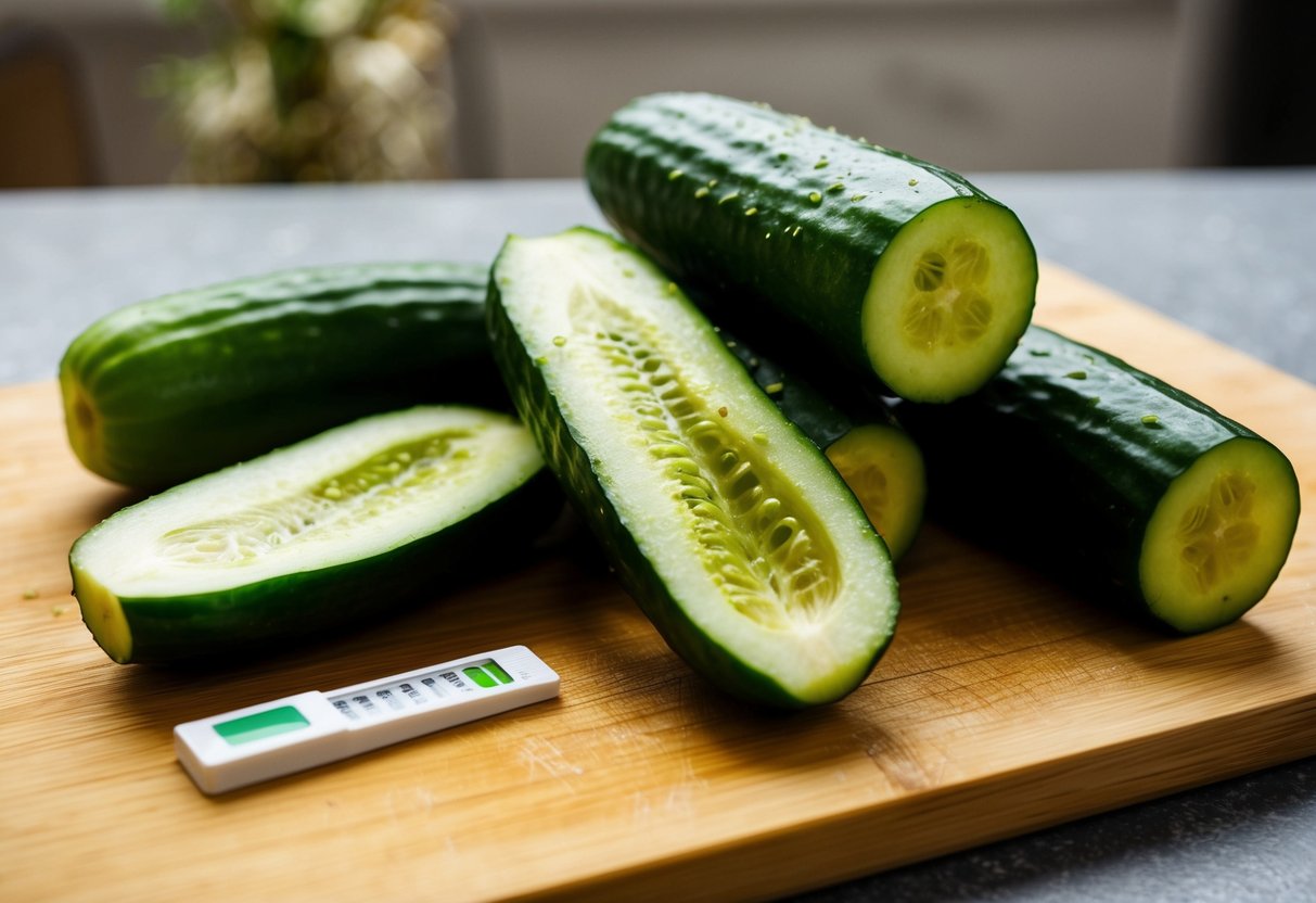 A pile of cucumbers sits on a cutting board, one sliced open to reveal the juicy interior. A pH test strip shows a reading indicating acidity