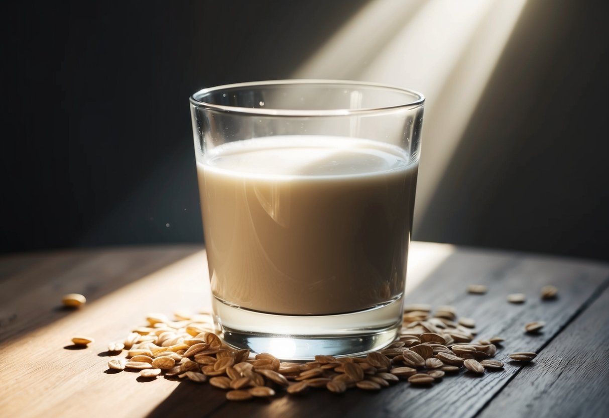 A glass of oat milk sits on a wooden table, surrounded by a few scattered oats. A gentle beam of sunlight illuminates the scene, casting a warm glow on the creamy liquid