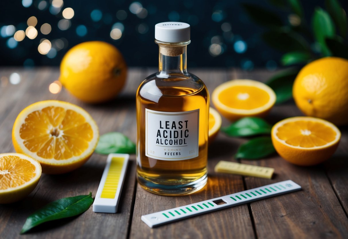 A clear glass bottle of least acidic alcohol sits on a wooden table, surrounded by fresh citrus fruits and a pH testing strip