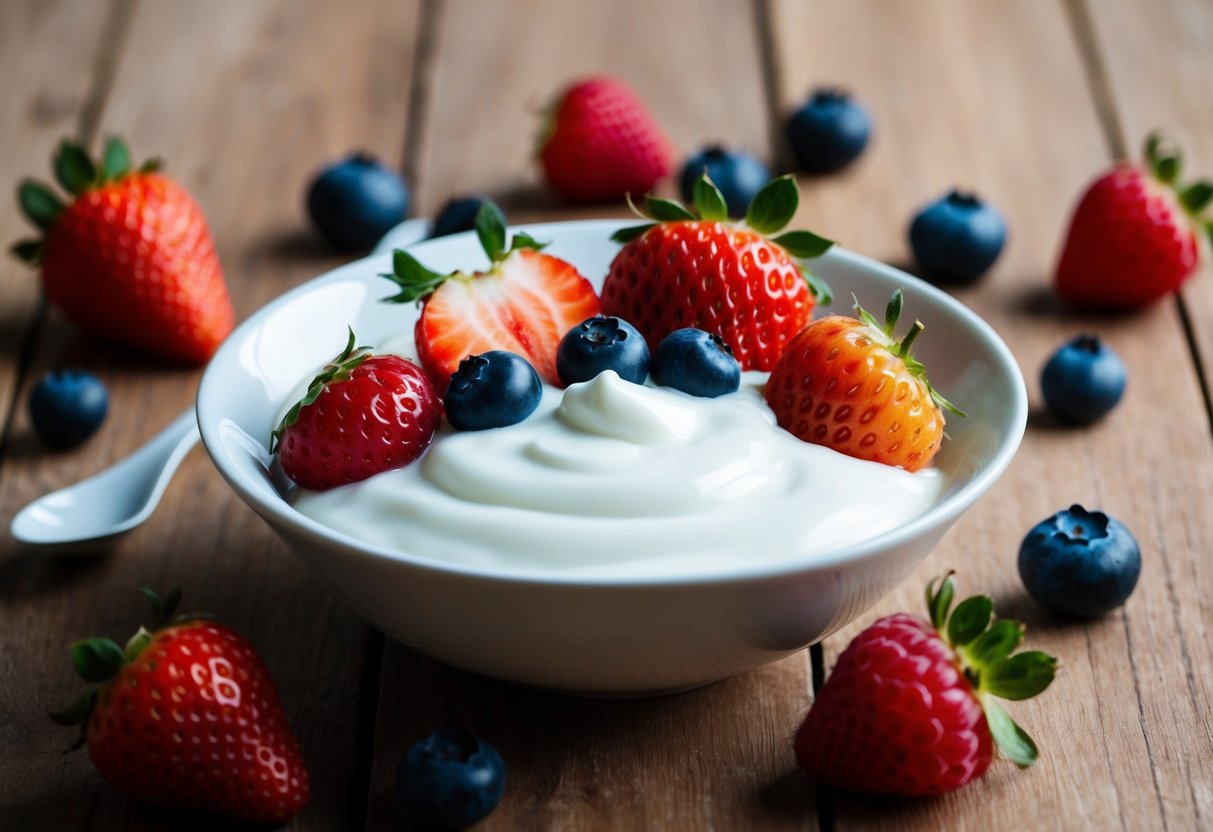 A bowl of Greek yogurt sits on a wooden table, surrounded by various fruits such as strawberries, blueberries, and raspberries. A small spoon rests on the edge of the bowl