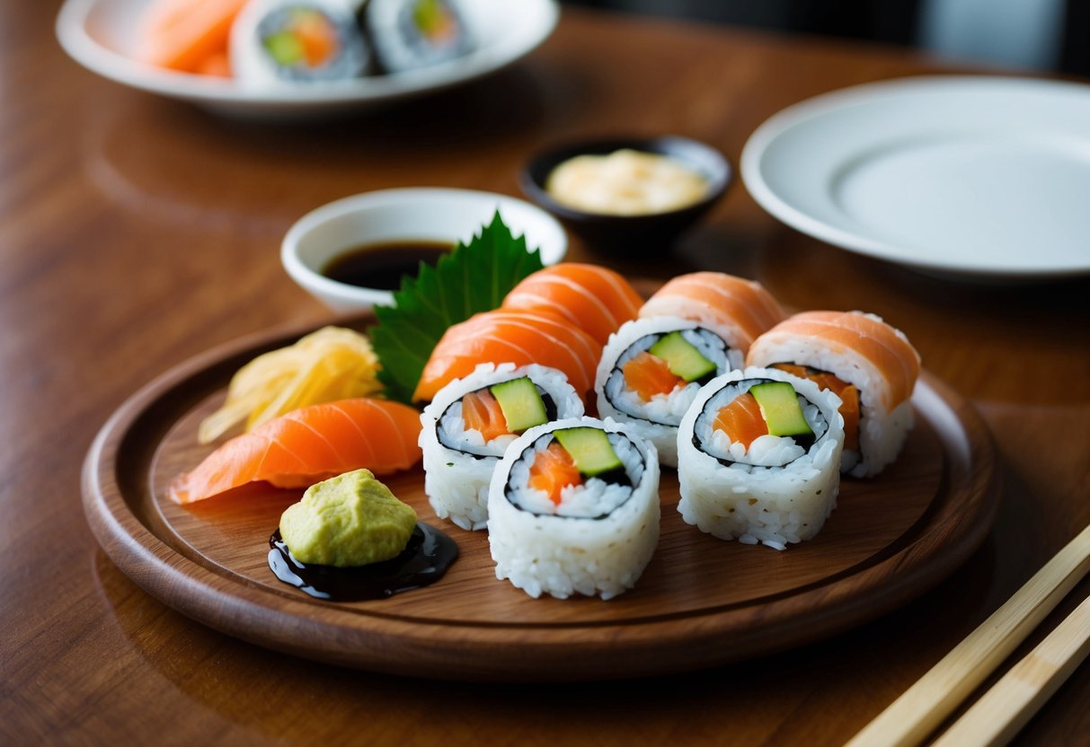 A plate of sushi with various rolls, pickled ginger, wasabi, and soy sauce on a wooden serving board