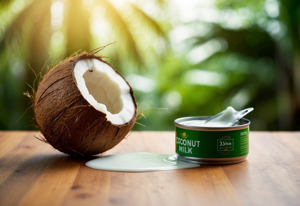 A coconut with a cracked shell sits on a wooden surface. A can of coconut milk is open nearby, with a small pool of the liquid spilling out