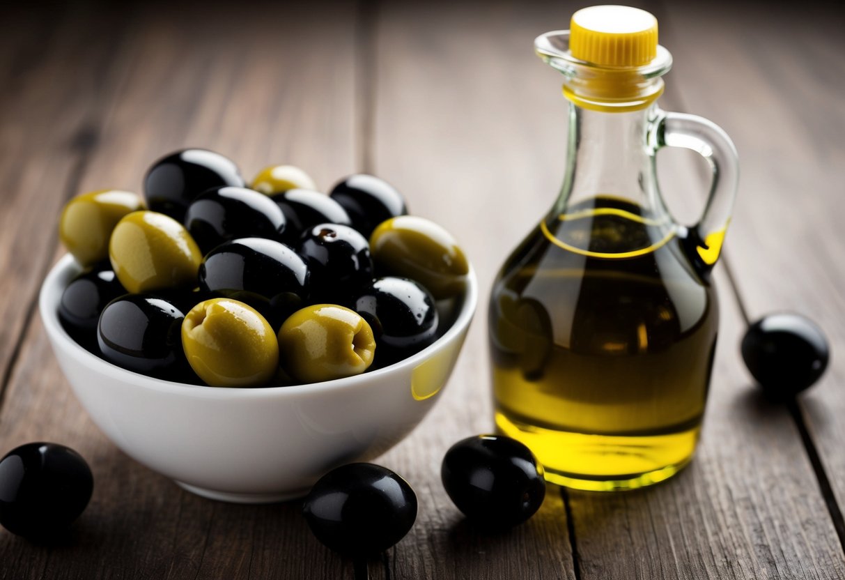 A bowl of black and green olives, with a bottle of olive oil next to it. The olives are arranged in a visually appealing manner