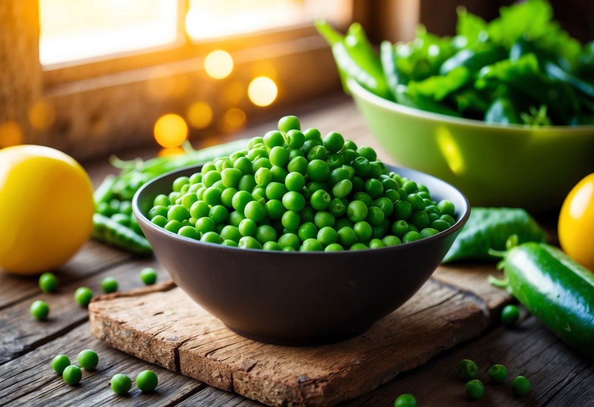 A bowl of peas sits on a rustic wooden table, surrounded by other fresh vegetables. Sunlight streams in through a nearby window, casting a warm glow on the scene