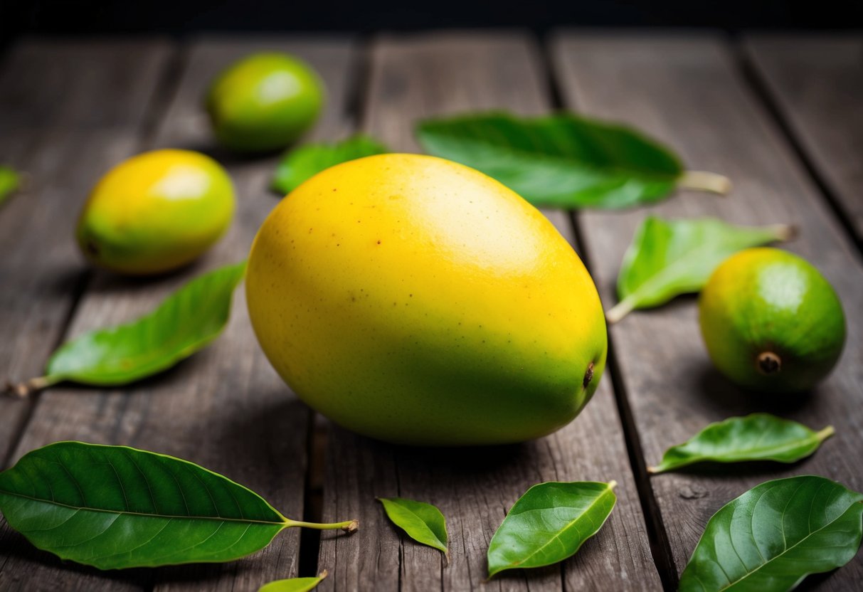 A ripe mango sits on a wooden table, surrounded by scattered leaves and a few fallen fruits. The vibrant yellow skin is slightly speckled, hinting at the sweet flesh inside