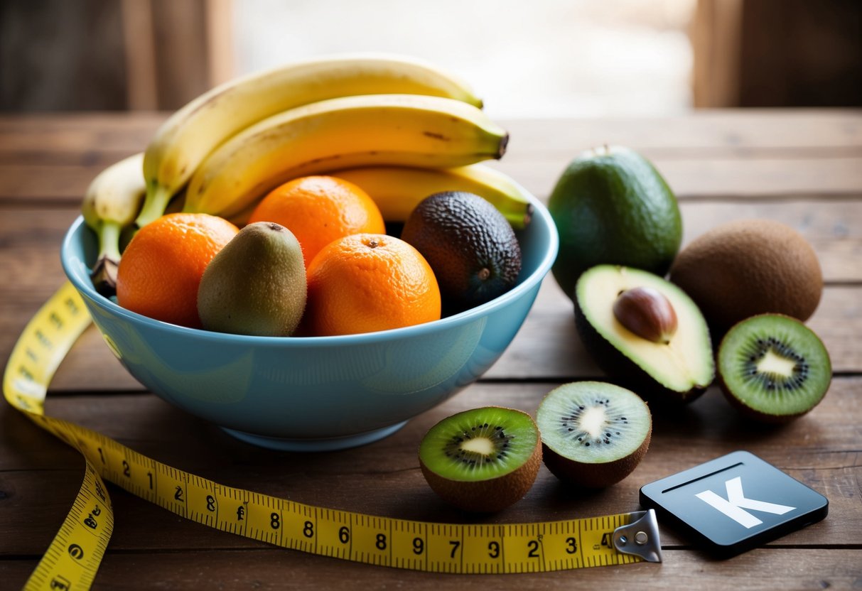 A bowl filled with bananas, oranges, avocados, and kiwis sits on a wooden table. A measuring tape and a potassium symbol are nearby
