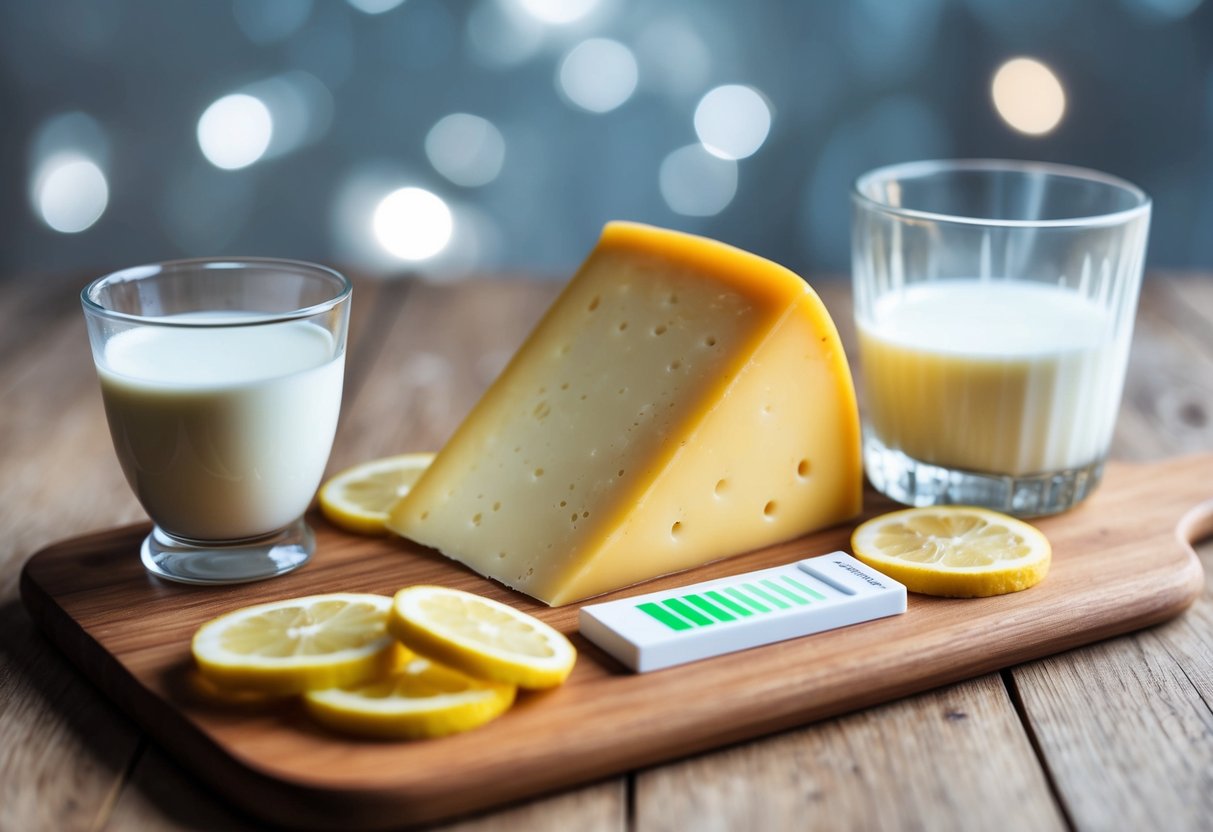 A wedge of cheese sits on a wooden board surrounded by slices of lemon and a glass of milk. A pH strip shows the cheese is acidic