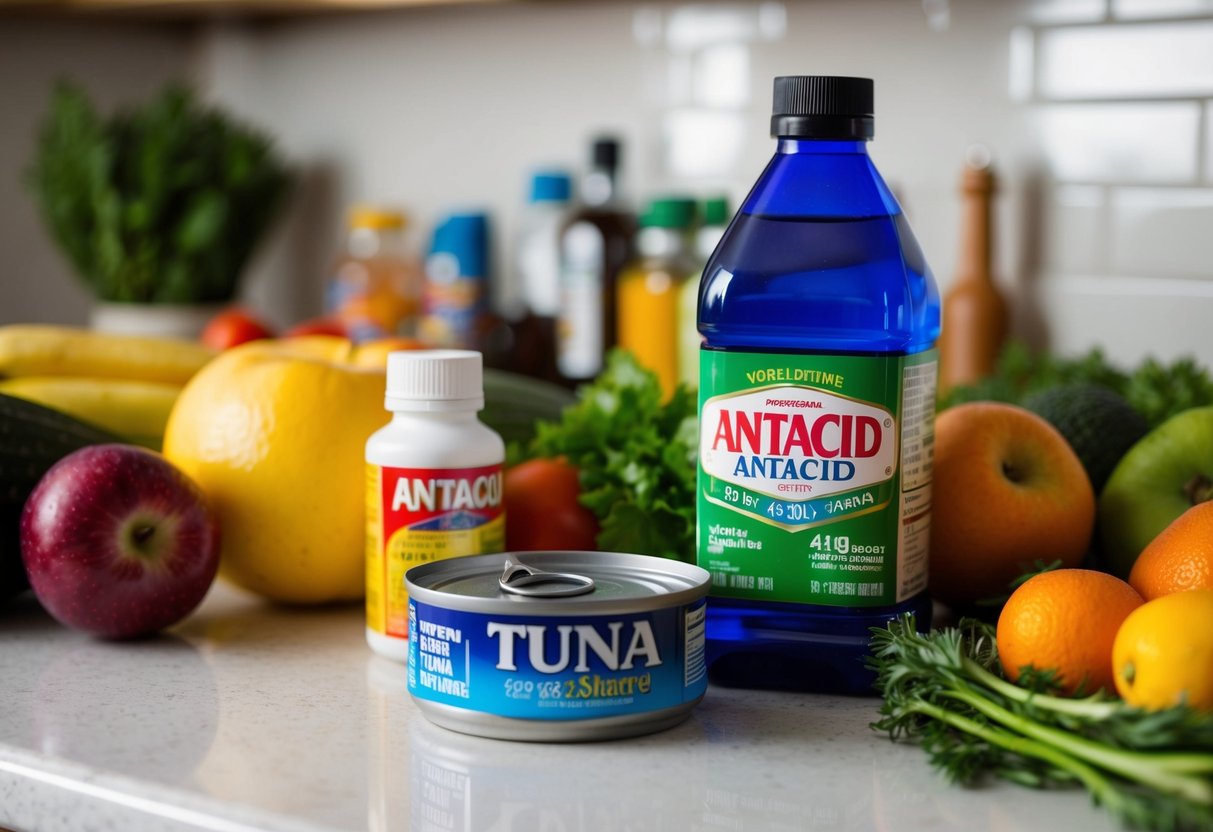 A can of tuna sits next to a bottle of antacid on a kitchen counter, surrounded by various fruits and vegetables