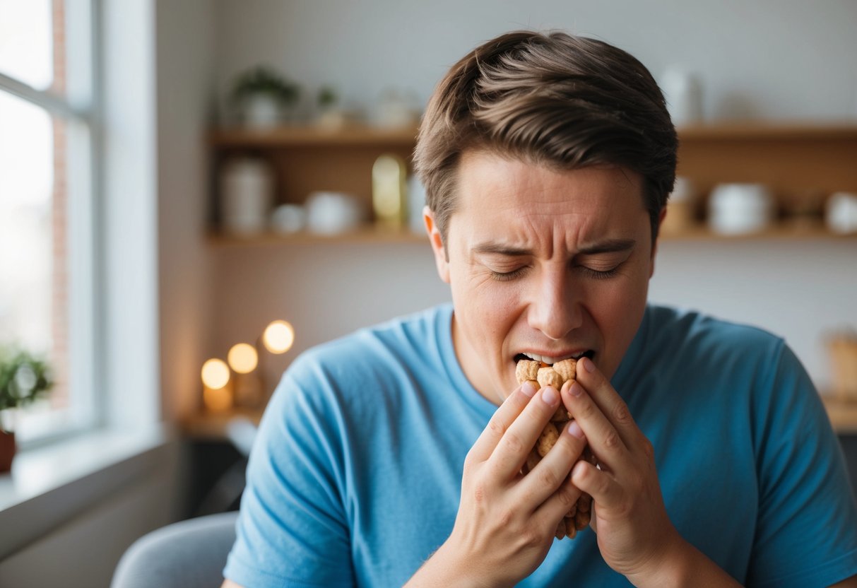 A person eating peanuts then experiencing discomfort and heartburn