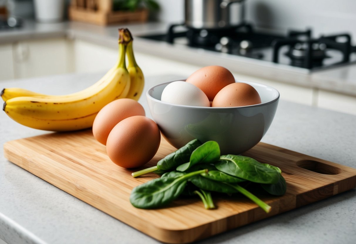 A bowl of eggs sits on a kitchen counter next to a banana and a handful of spinach