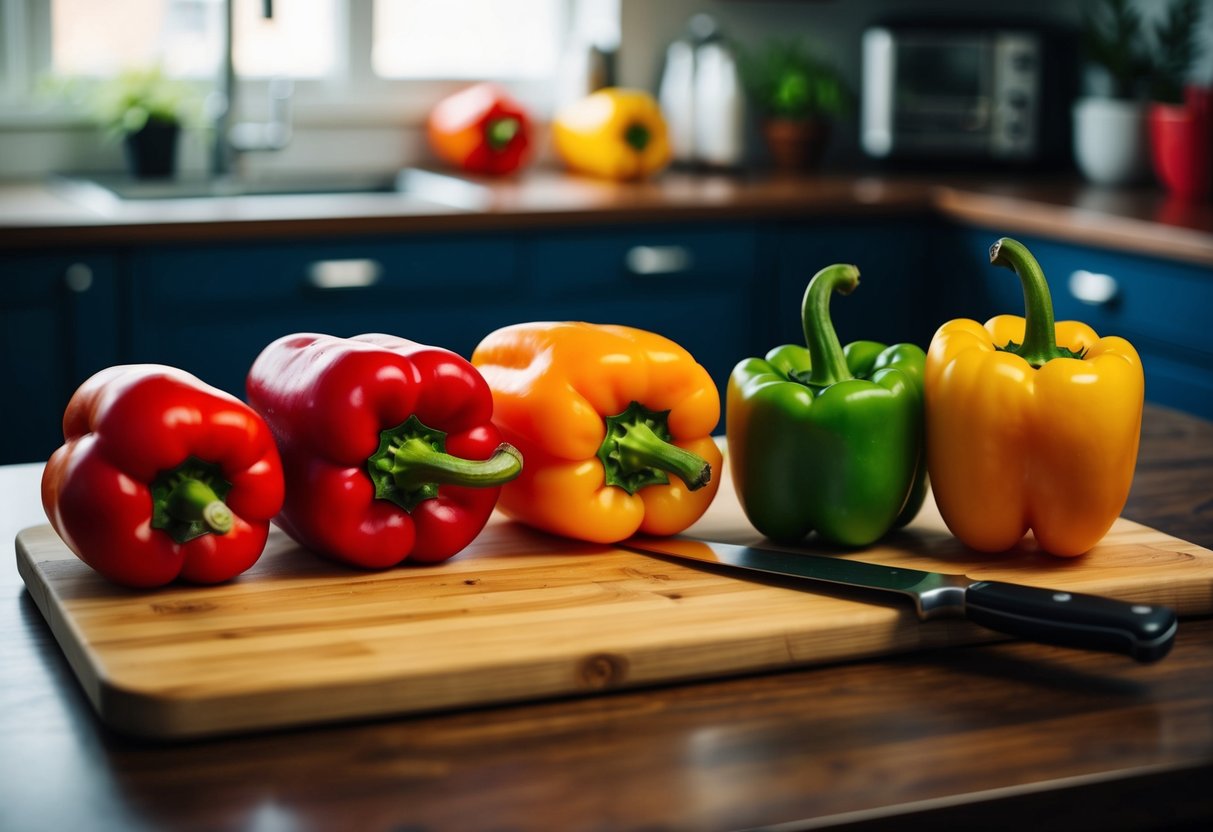 A colorful array of bell peppers, varying in size and hue, sit on a wooden cutting board with a knife beside them