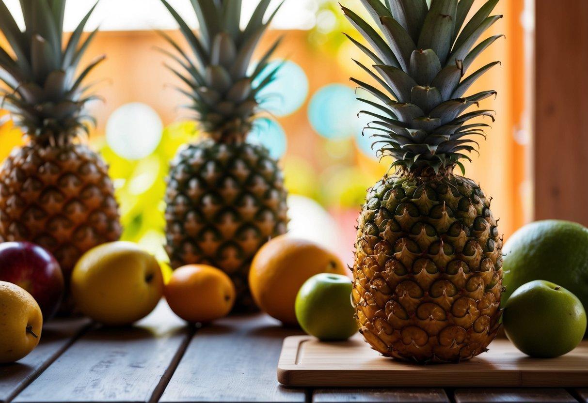 A pineapple sits on a wooden table, surrounded by various fruits. Its acidic aroma fills the air, contrasting with the alkaline scent of the other fruits