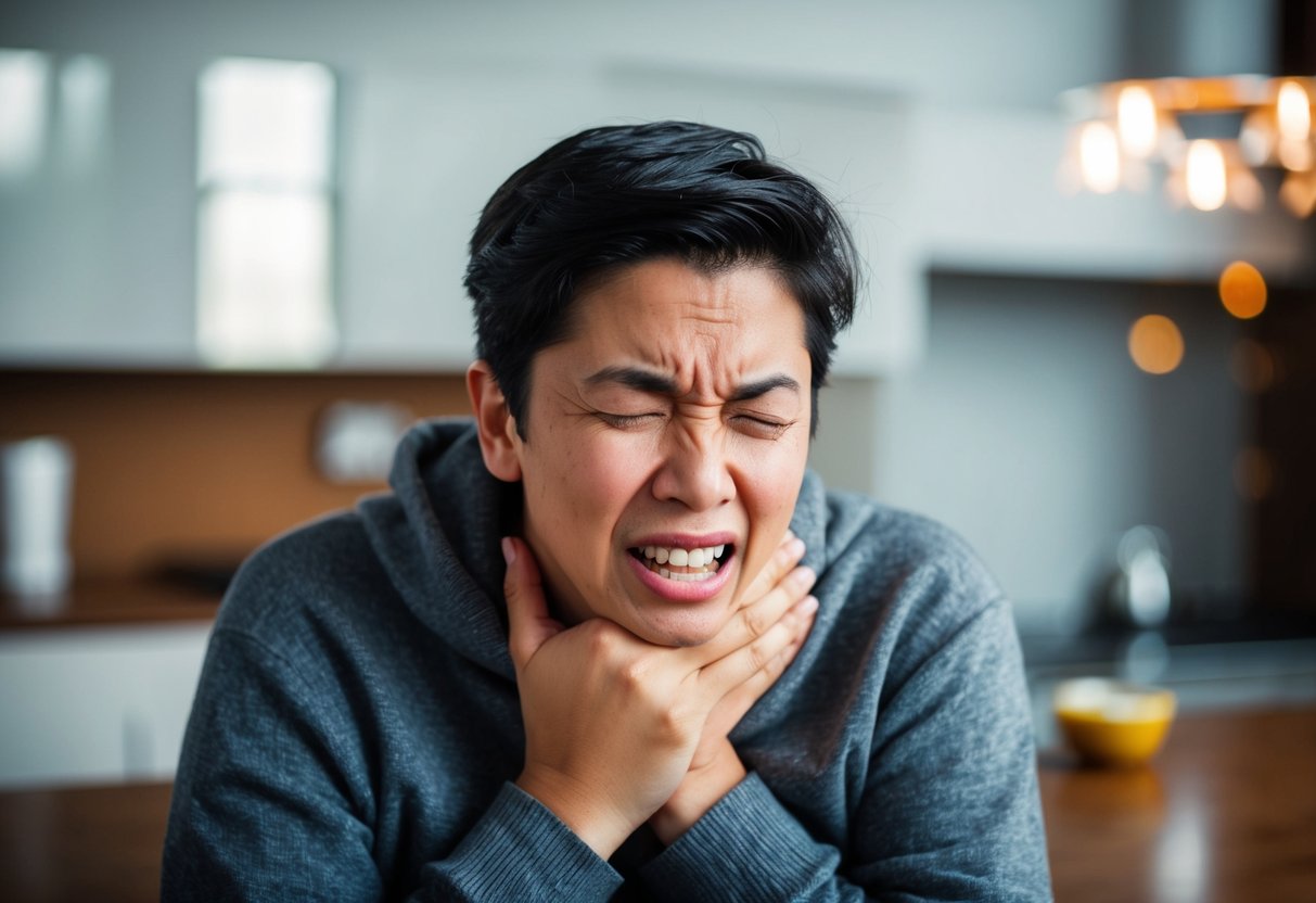 A person with a pained expression clutching their chest after eating tuna