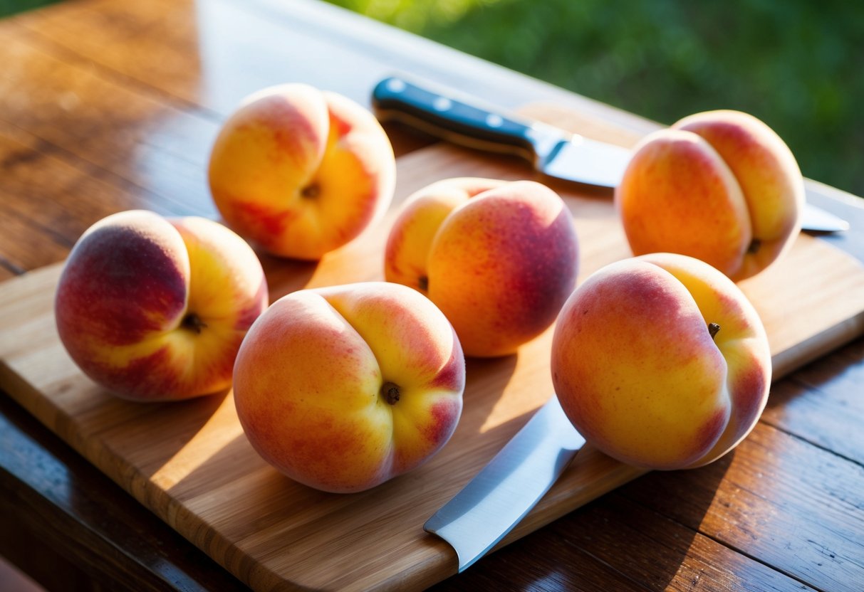 A group of ripe peaches sit on a wooden table, their golden skins glowing in the sunlight. A knife and cutting board are nearby, ready for use