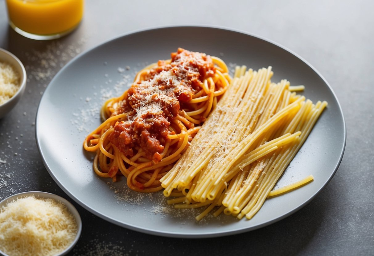 A plate with long, thin spaghettini noodles next to thicker spaghetti noodles, both coated in a rich tomato sauce and sprinkled with grated cheese