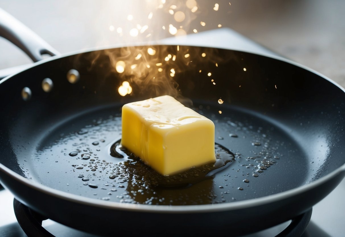 A pat of butter melting on a hot pan, emitting a sizzling sound and a faint aroma