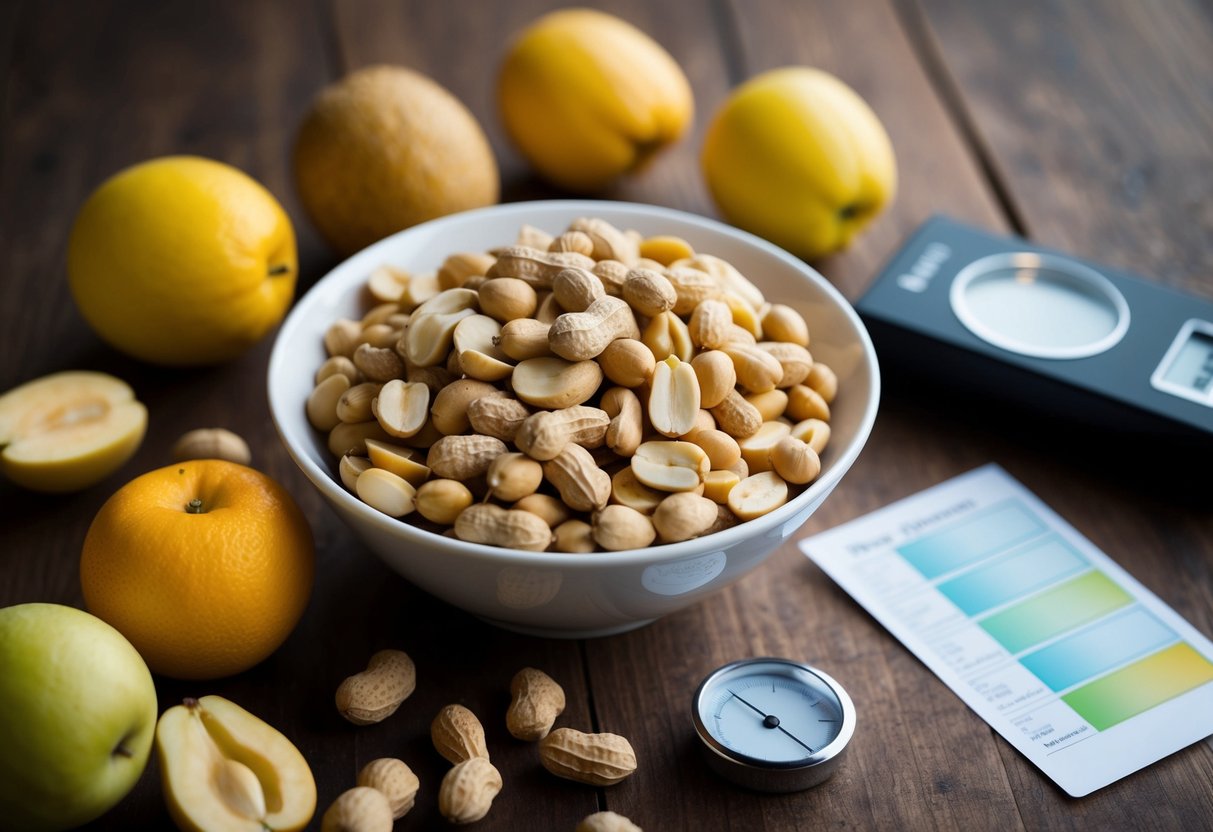 A bowl of peanuts surrounded by various fruits with a pH scale and litmus paper nearby