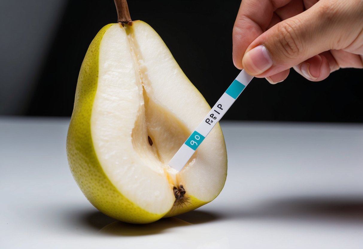 A pear is being sliced open, revealing its juicy interior. A pH test strip is being dipped into the fruit to measure its acidity