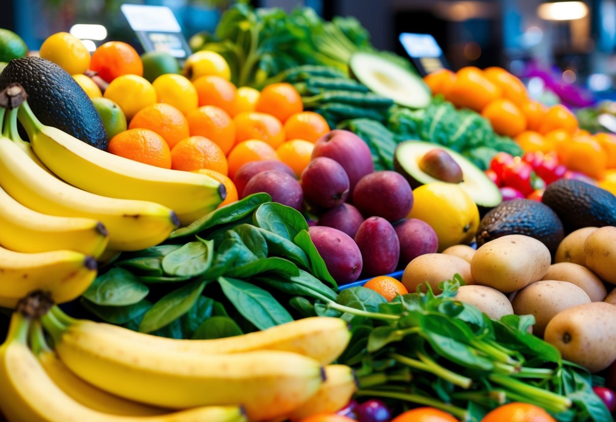 A colorful array of fruits and vegetables like bananas, oranges, spinach, potatoes, and avocados arranged in a vibrant display