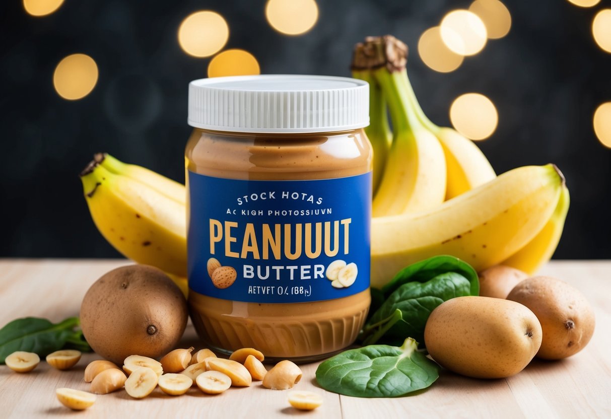 A jar of peanut butter surrounded by various high-potassium foods like bananas, spinach, and potatoes