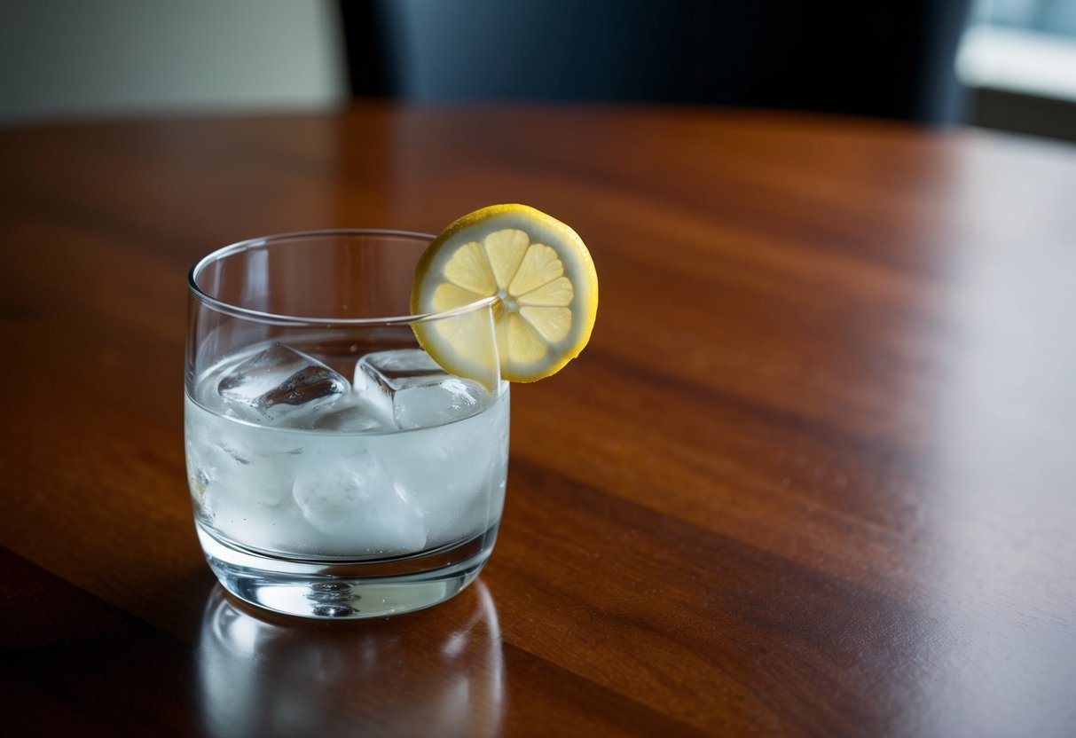 A clear glass filled with vodka sits on a polished wooden table. A slice of lemon rests on the rim, ready to be squeezed into the drink