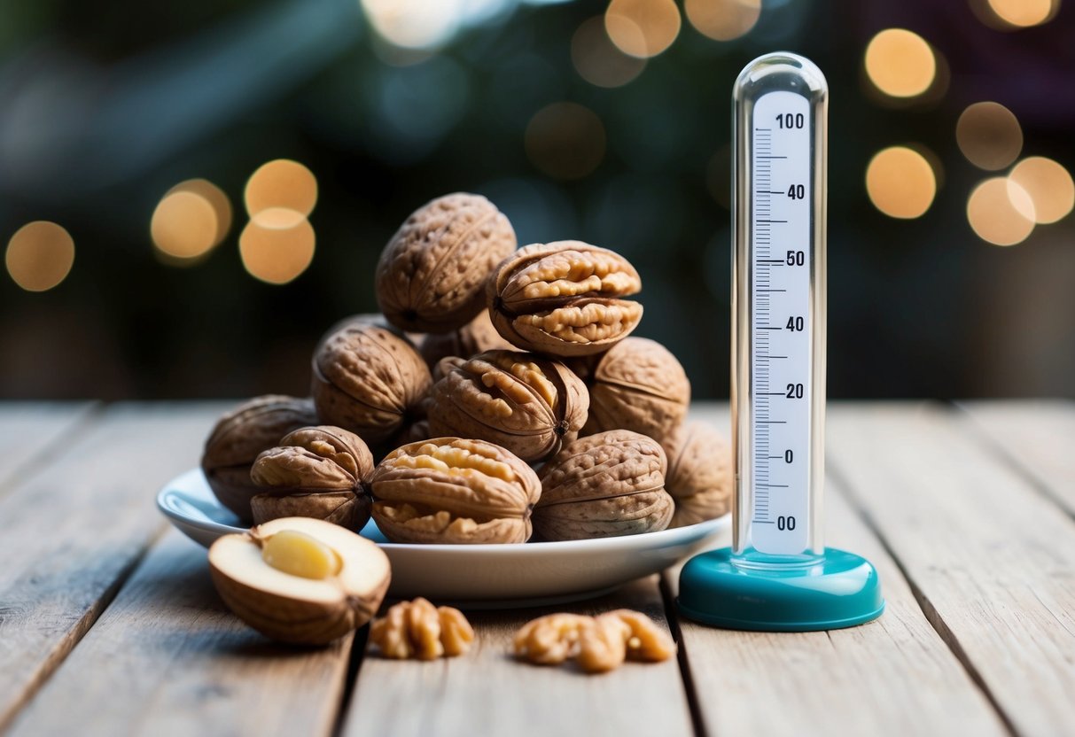 A pile of walnuts with a pH scale next to them, showing their acidic nature