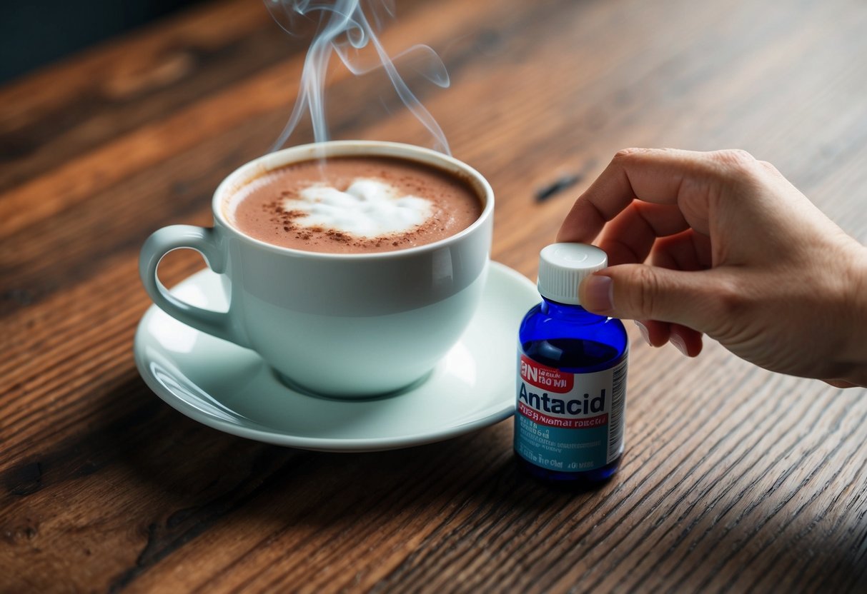 A steaming cup of cocoa sits next to a bottle of antacid on a wooden table. A person's hand reaches for the bottle, indicating discomfort from acid reflux