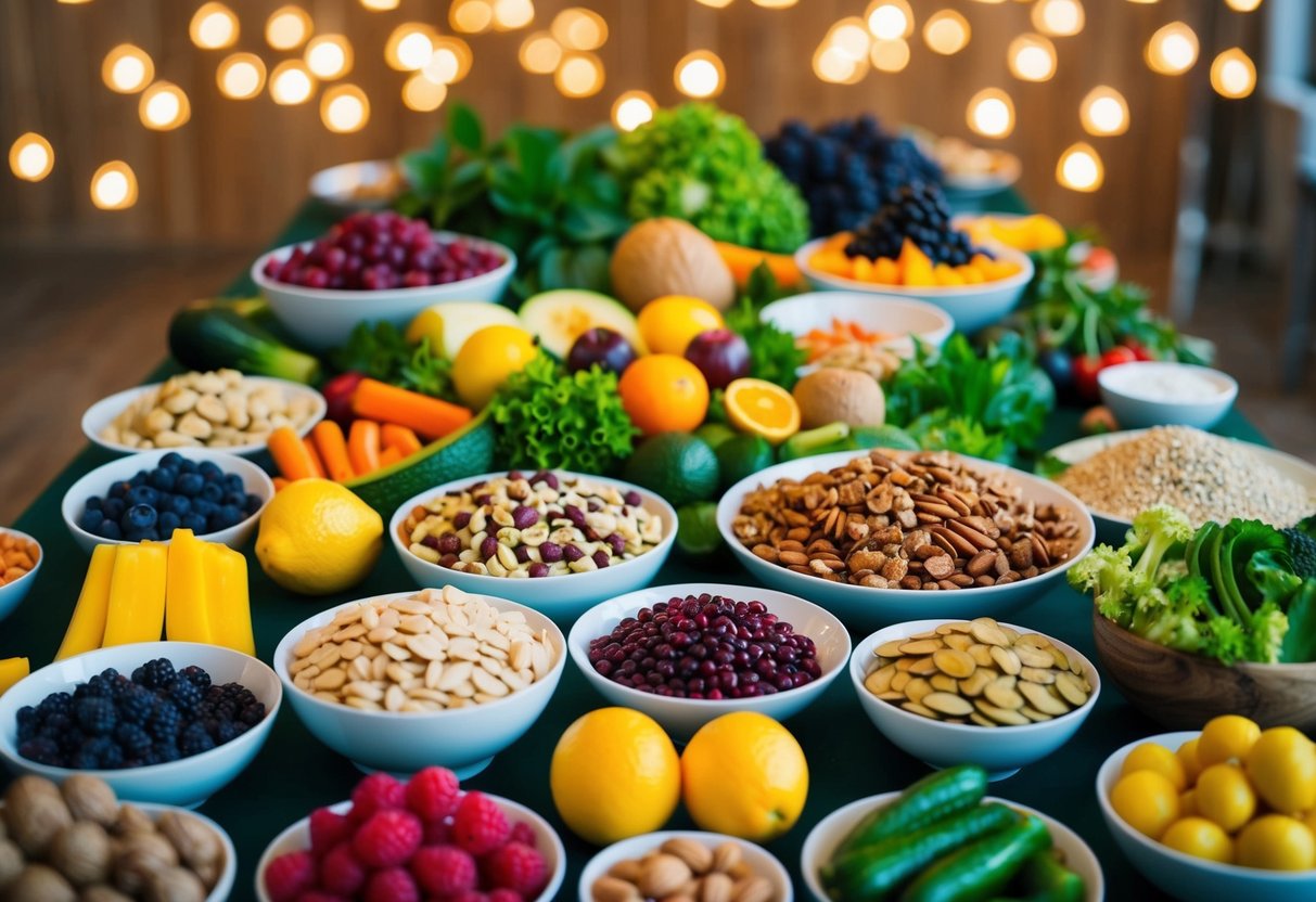 A table covered with various alkaline foods like fruits, vegetables, nuts, and seeds. Bright colors and natural textures create an inviting display