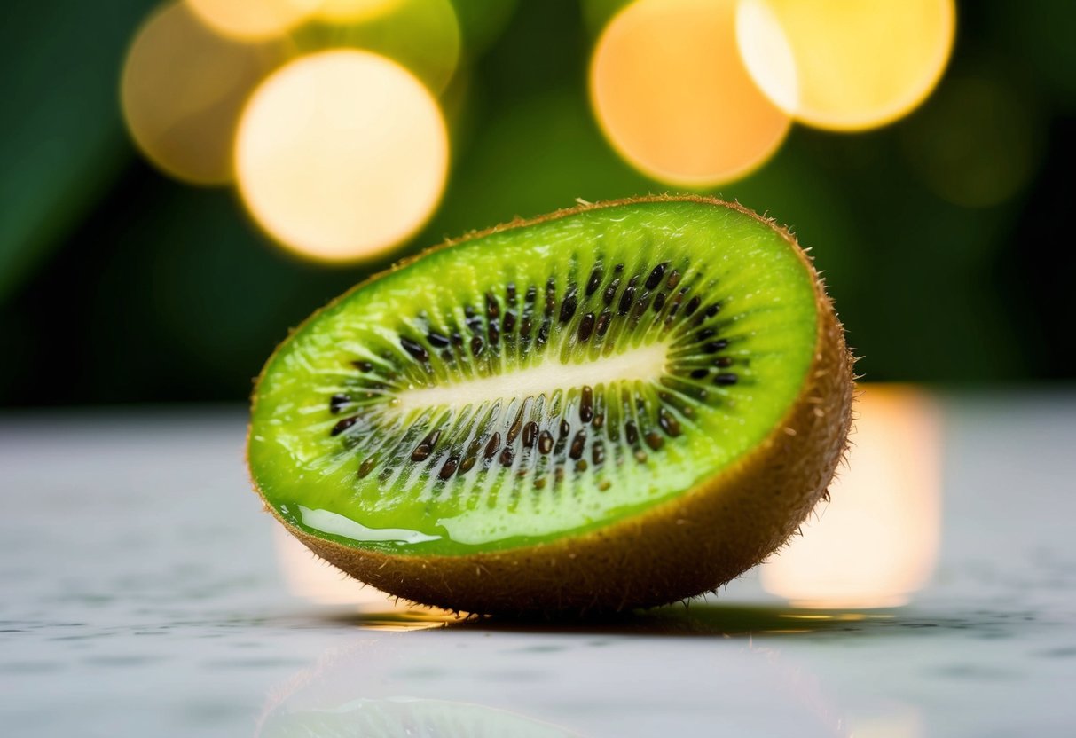 A kiwi fruit is sliced open, revealing its bright green flesh and small black seeds. Juice glistens on the surface, hinting at its acidic nature