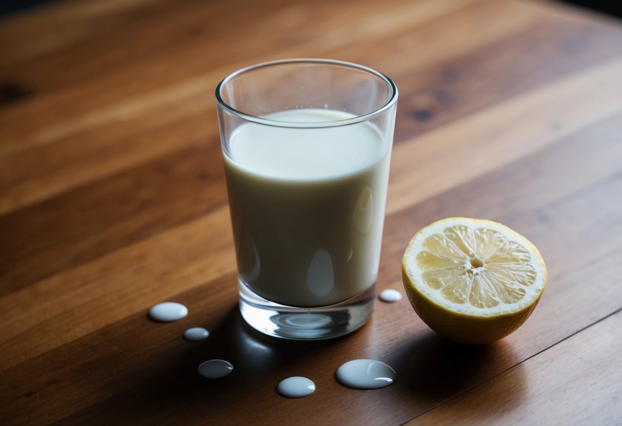 A glass of lactose-free milk sits on a wooden table, surrounded by a few spilled drops. A lemon half is placed next to the glass, suggesting a comparison of acidity