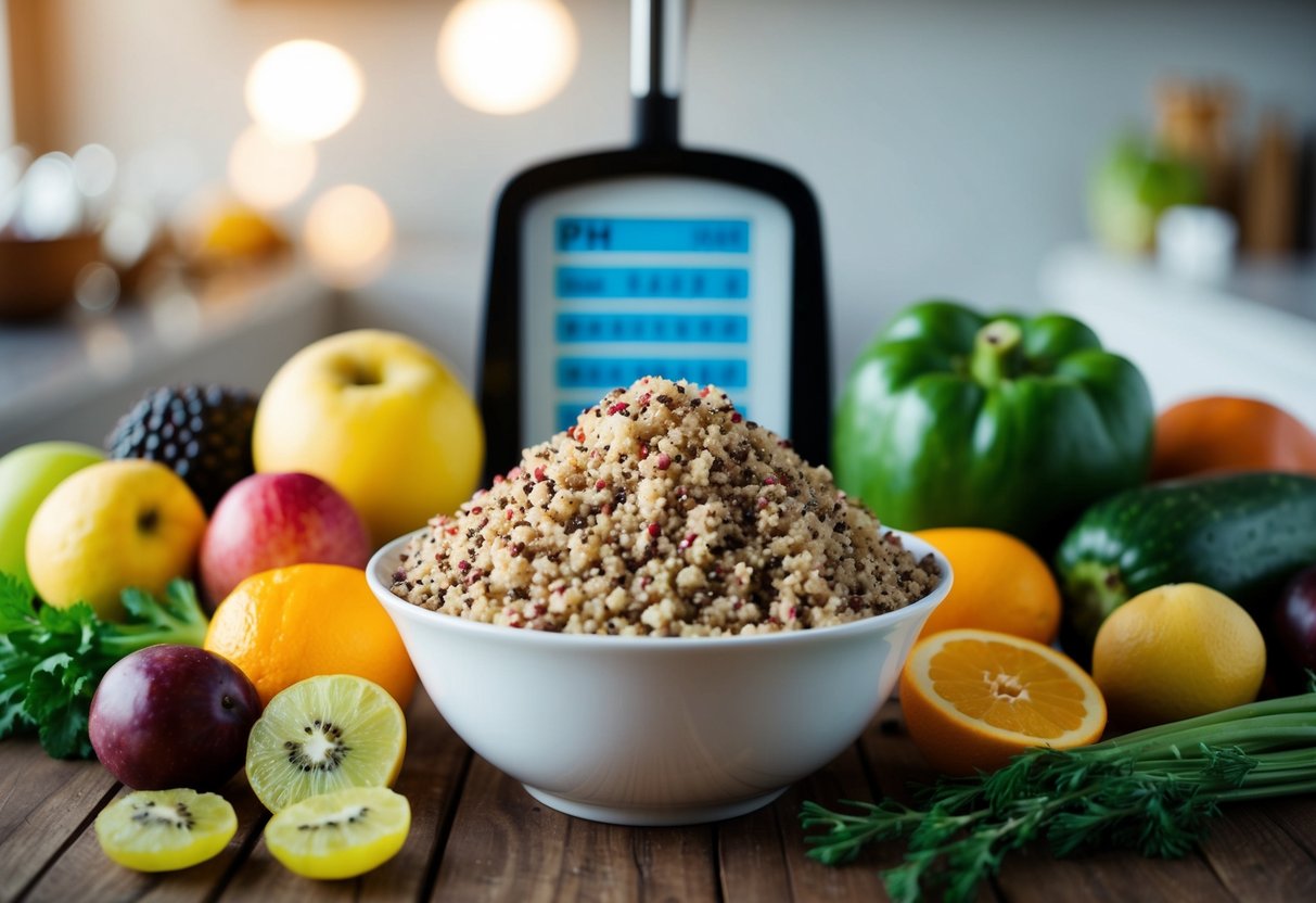 A bowl of quinoa surrounded by various fruits and vegetables, with a pH scale in the background indicating its alkalinity