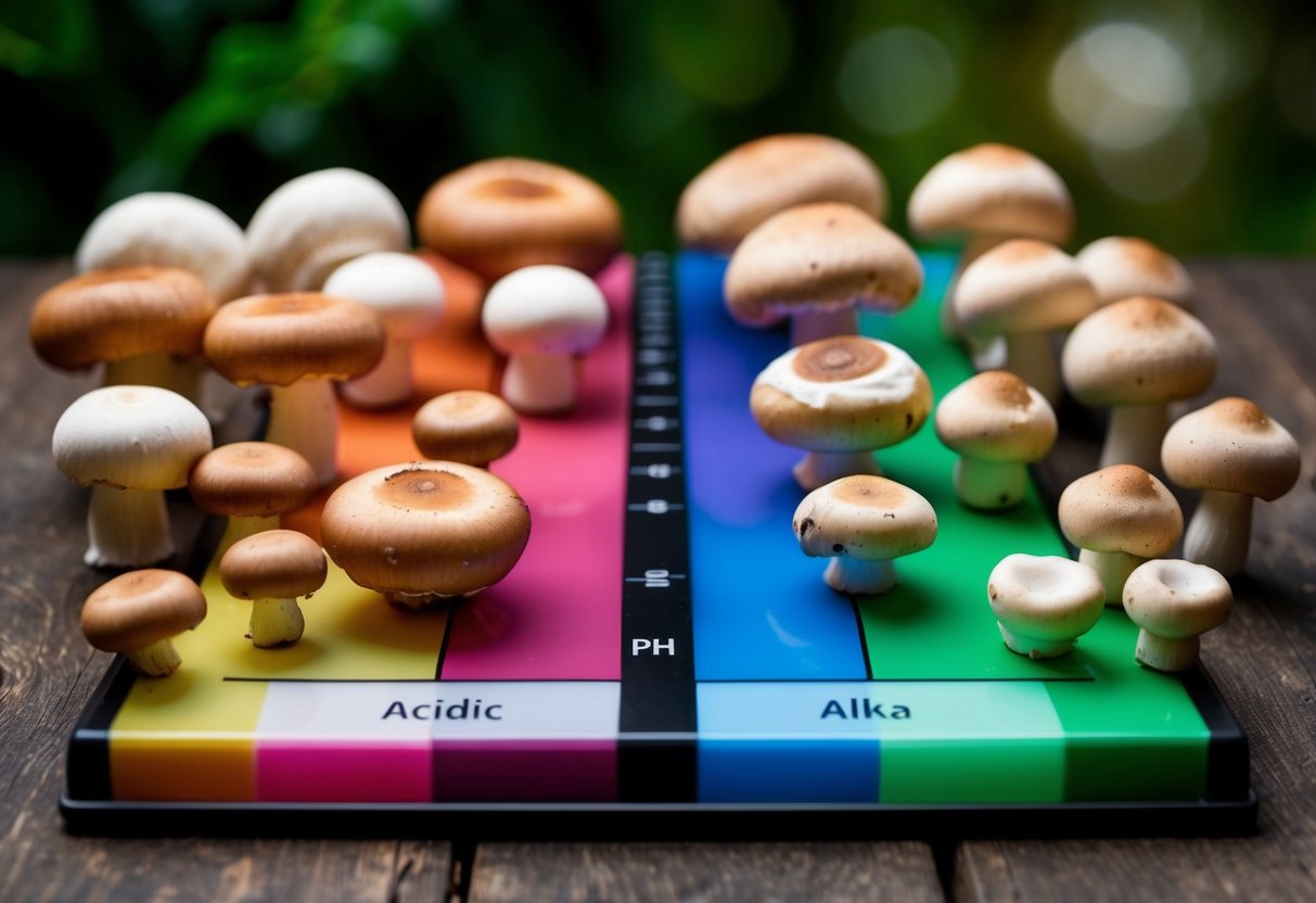 A variety of mushrooms are arranged on a color-changing pH scale, with acidic mushrooms on one end and alkaline mushrooms on the other