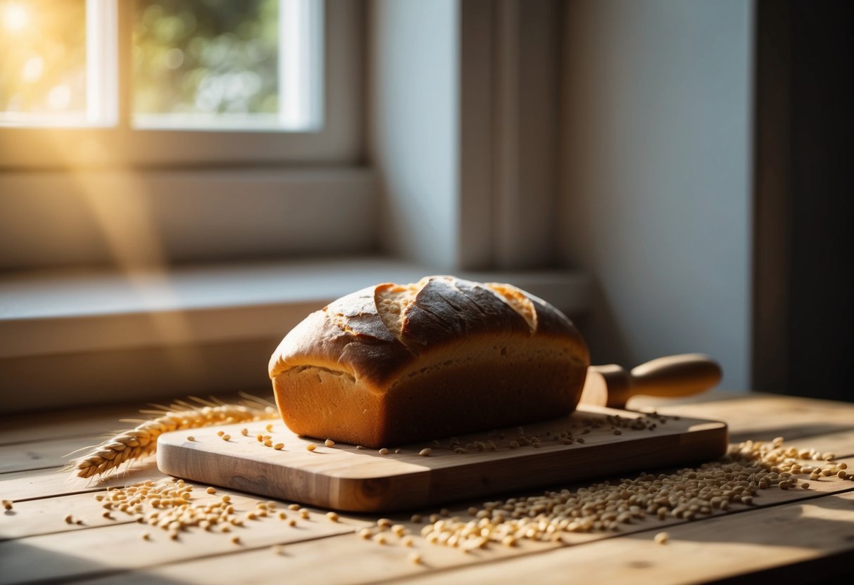 A loaf of bread sits on a wooden cutting board, surrounded by scattered wheat grains and a rolling pin. Sunlight streams in from a nearby window, casting a warm glow on the scene