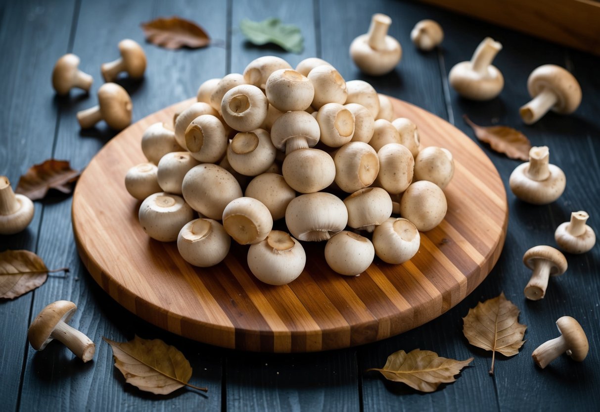 A pile of mushrooms arranged on a wooden cutting board, surrounded by scattered loose mushrooms and a few fallen leaves