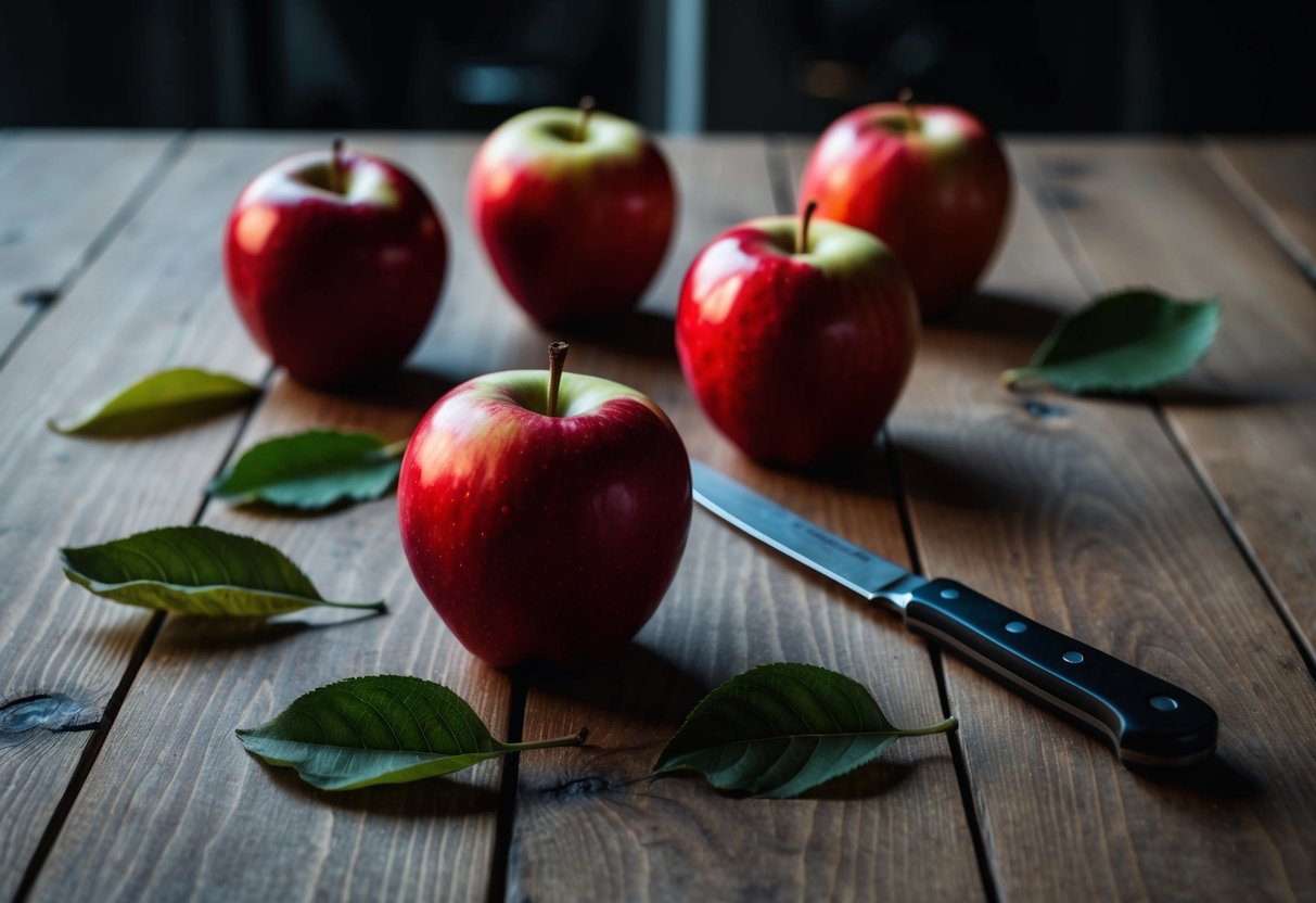 Red apples on a wooden table, surrounded by a few scattered leaves. A small knife rests nearby, ready to slice into the fruit