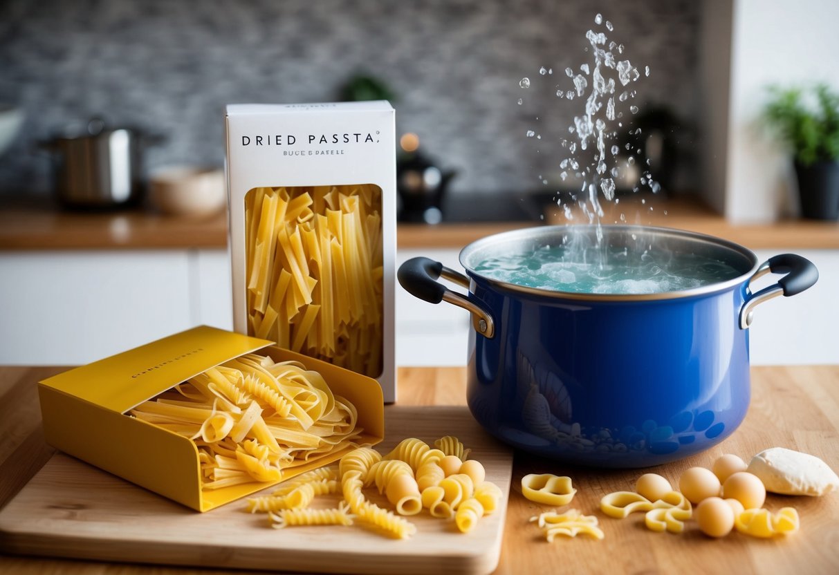 A pot of boiling water with pasta inside, a box of dried pasta, and various pasta shapes on a cutting board