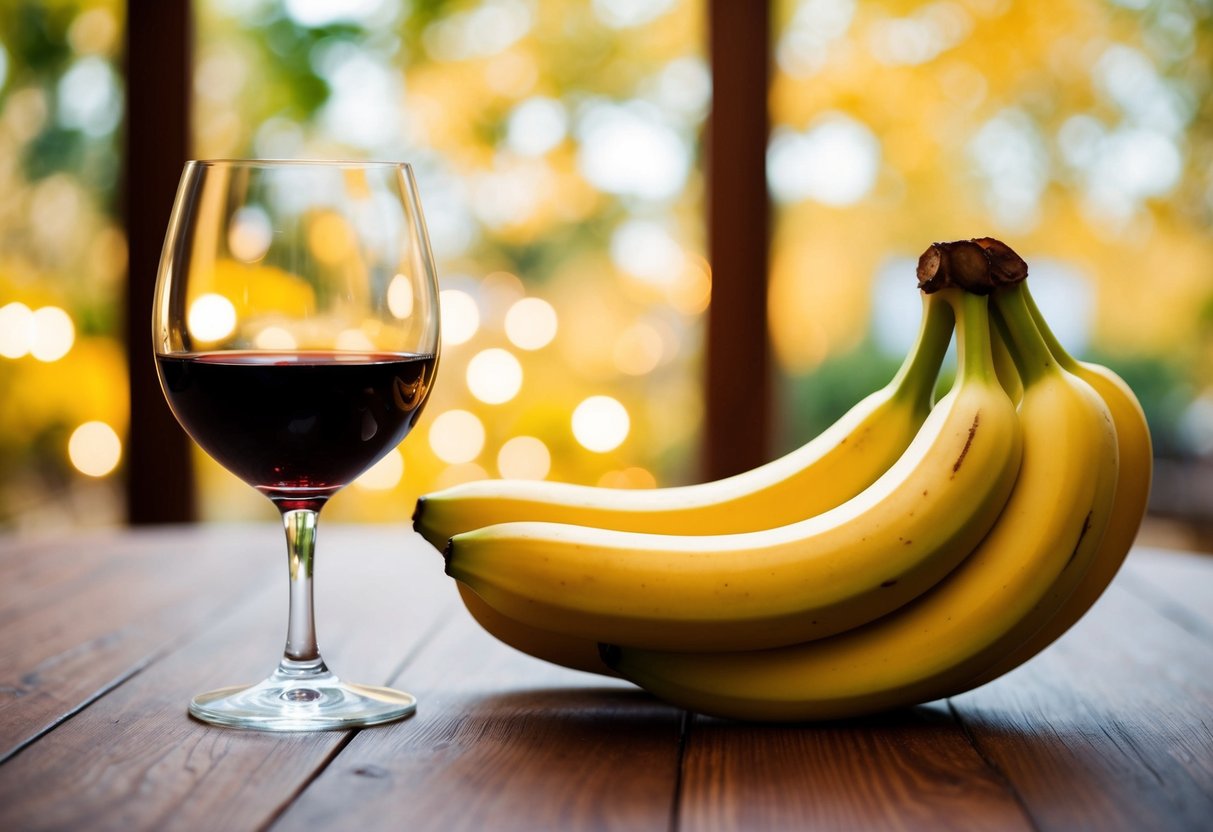 A glass of red wine sits next to a bunch of ripe bananas on a wooden table