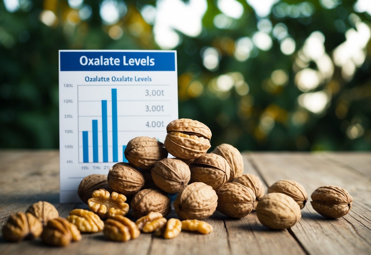 A pile of walnuts with a chart showing oxalate levels nearby