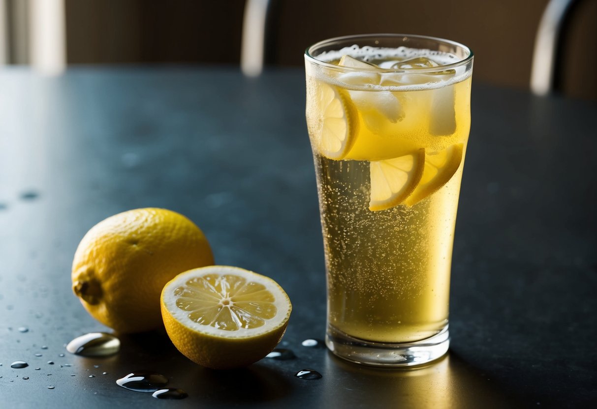 A glass of ginger ale sits on a table next to a sliced lemon and a few ice cubes, condensation forming on the outside of the glass