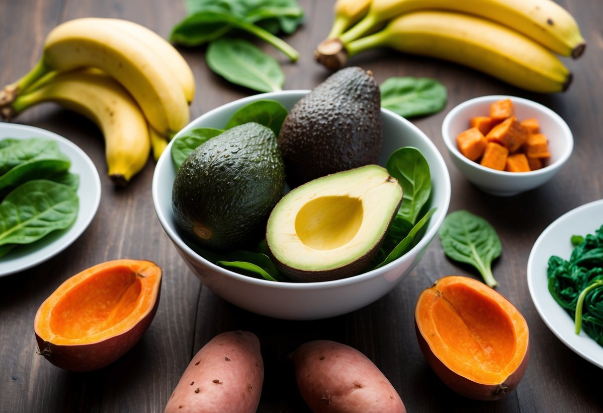 A bowl of avocados surrounded by various high-potassium foods like bananas, sweet potatoes, and spinach