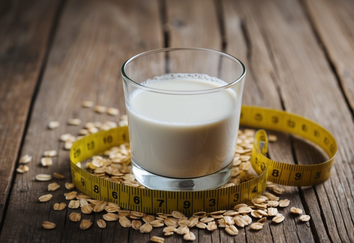 A glass of oat milk surrounded by oats and a measuring tape