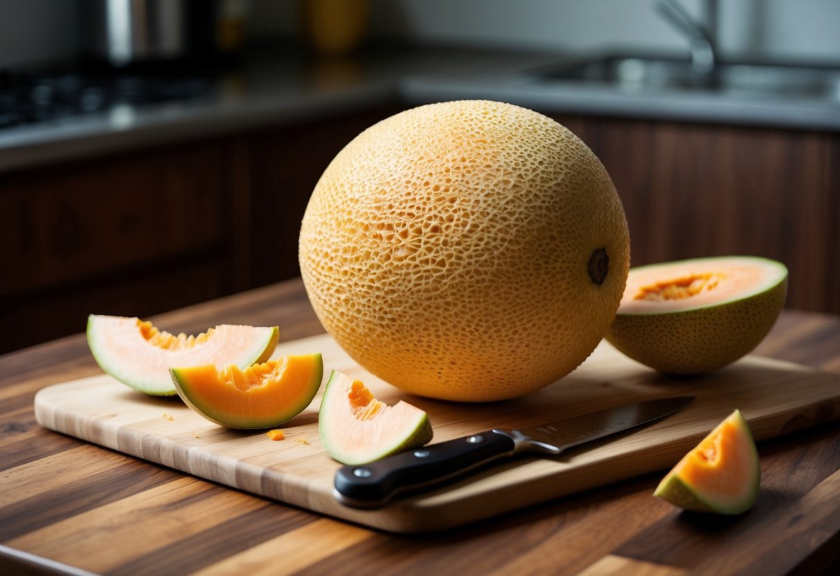 A cantaloupe sits on a cutting board, surrounded by a knife and a few slices. The fruit is ripe and juicy, with a sweet aroma filling the air