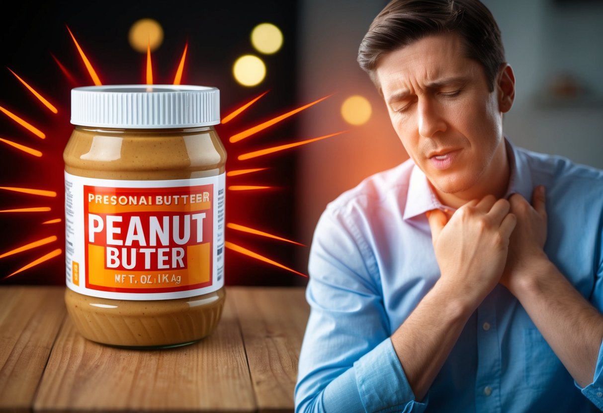 A jar of peanut butter with a red, burning sensation radiating from it. A person clutching their chest in discomfort nearby