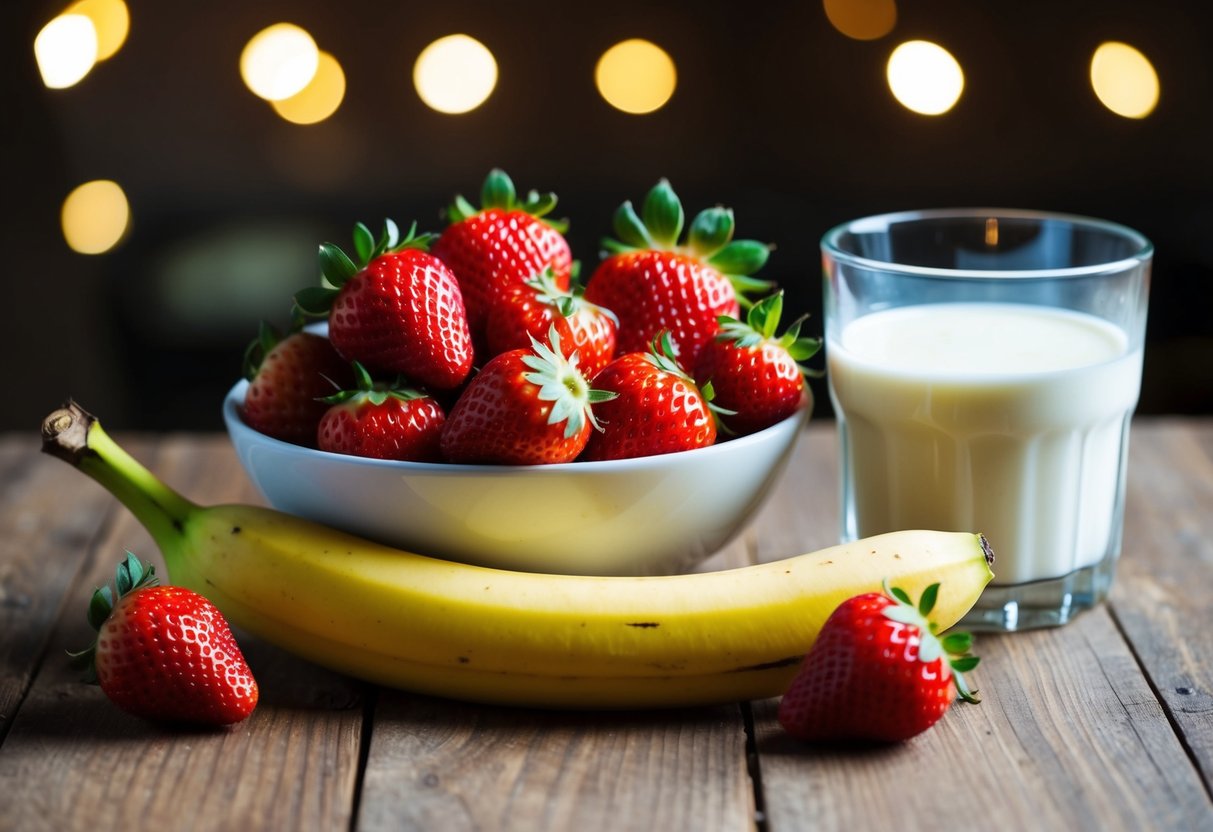A bowl of ripe strawberries next to a banana and a glass of milk on a wooden table