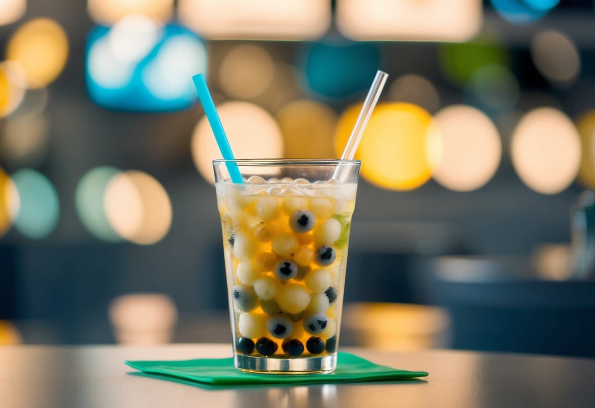 A glass of bubble tea surrounded by colorful tapioca pearls and a straw on a table