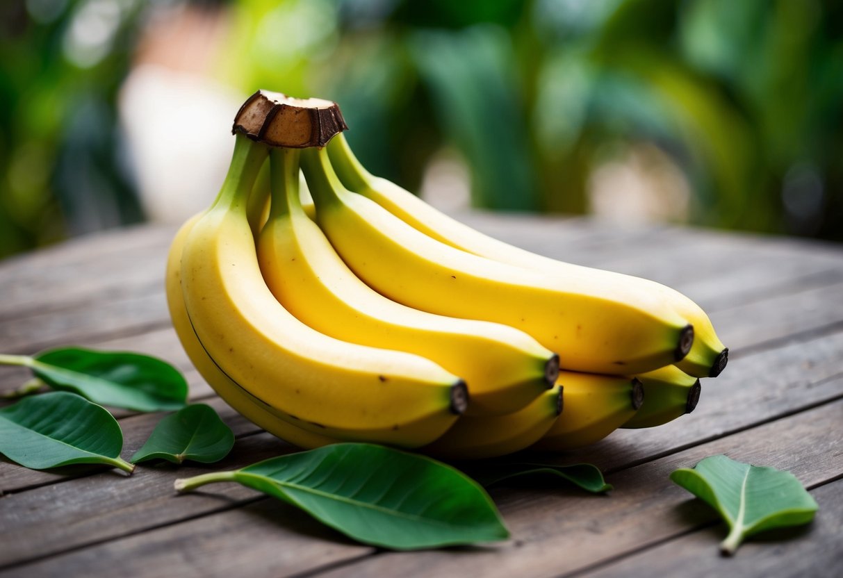 A bunch of ripe bananas sits on a wooden table, with a few scattered leaves. The yellow fruit oozes a sense of freshness and health, representing the high potassium content